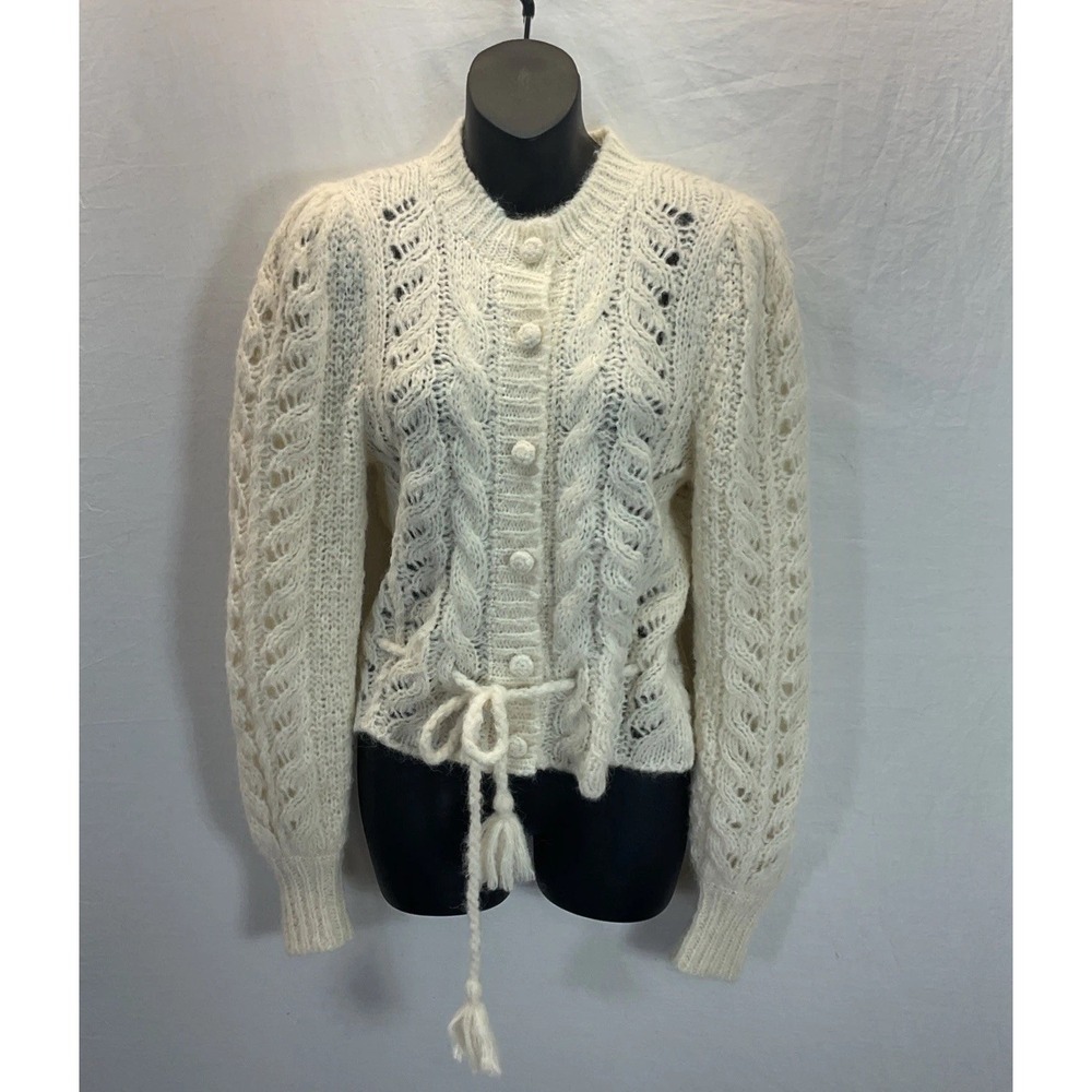 Love Shack Fancy Cable Knit Cardigan Sweater Tassels Open chunky knit XS Ivory